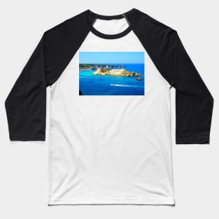 Panorama from Tremiti Islands with a motorboat cruising the Adriatic Sea, island and ridge Baseball T-Shirt